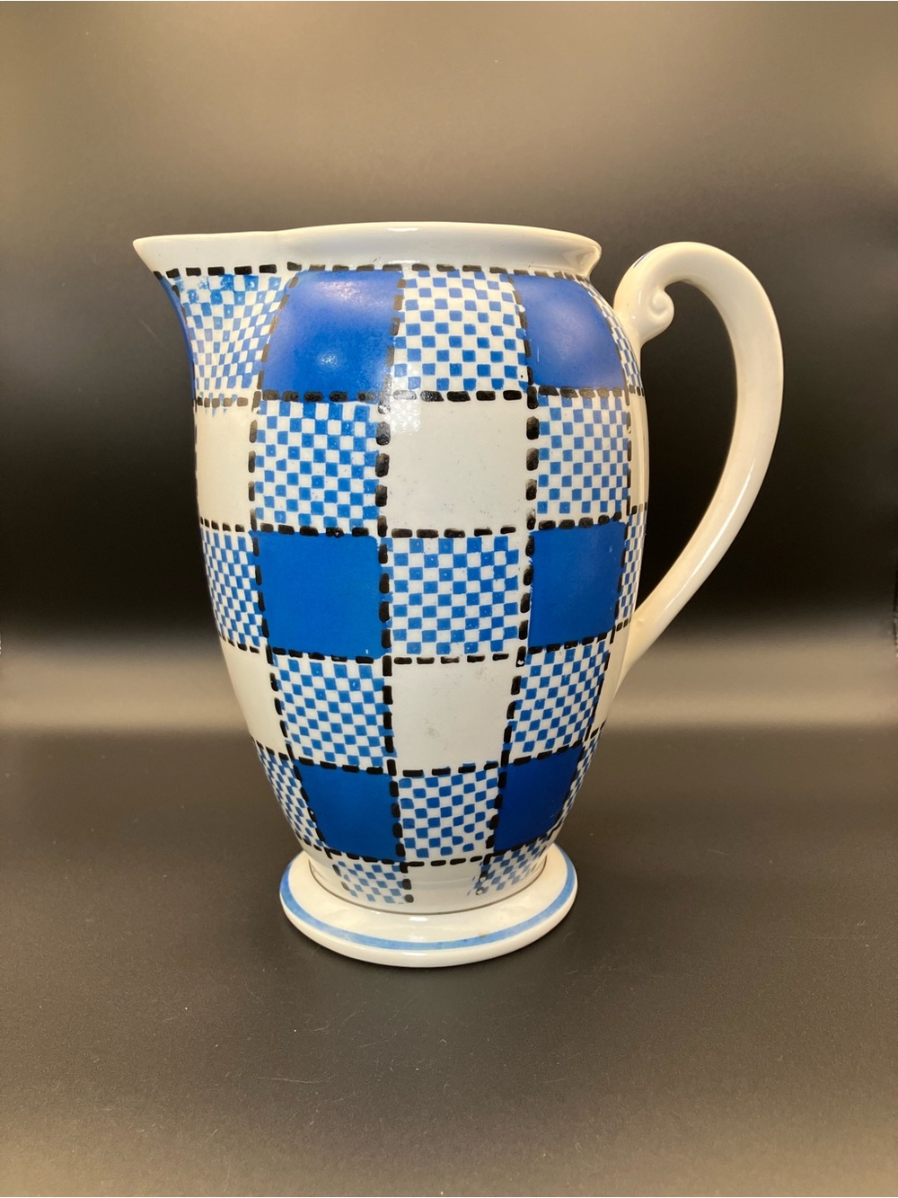 Vintage Kikusui MCM Blue Checkered Ceramic Pitcher with White Handle - Japan